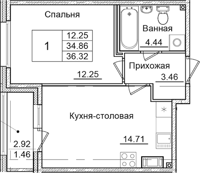 1-комнатная квартира 36.32 м², 6/9 эт., ЖК «Квартал Заречье»